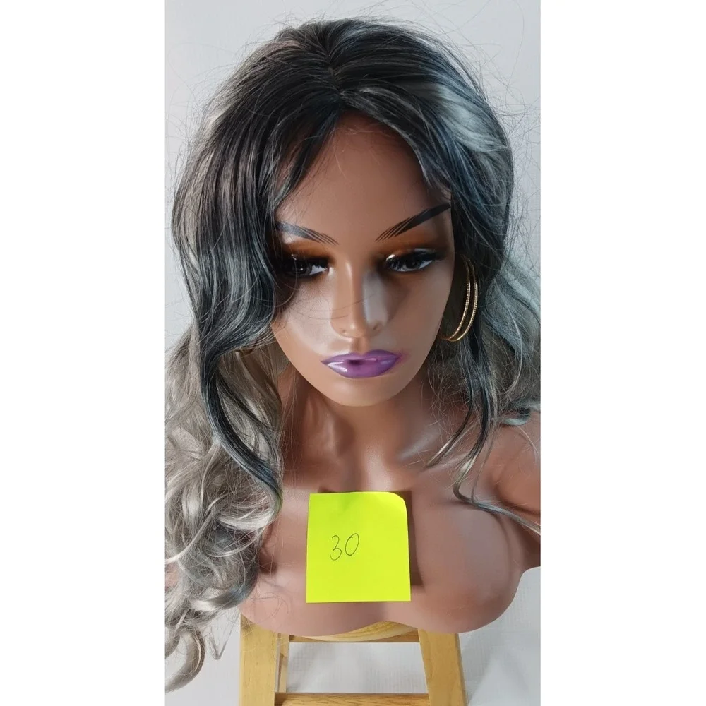 Curly Wavy Long synthetic Black Gray Silver Highlights middle Part‎ hair wig 27